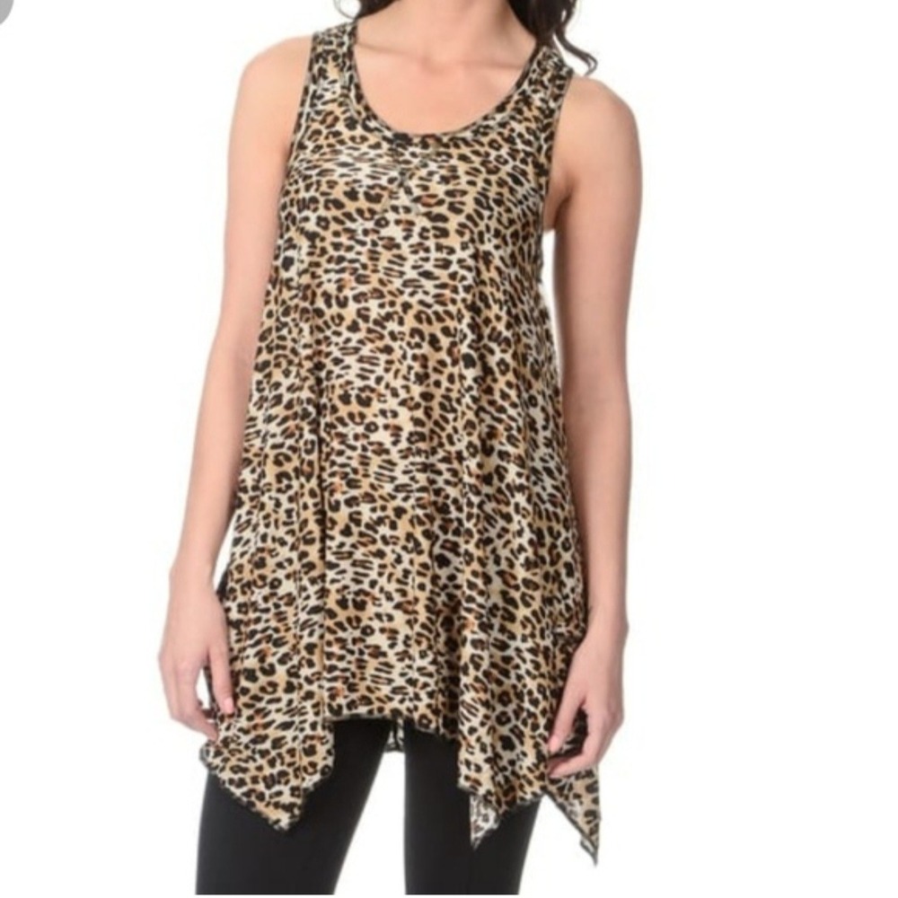 Mob Wife Leopard Sharkbite Hem Trapeze Tank Top Tunic Dress Sz M Pockets Brown